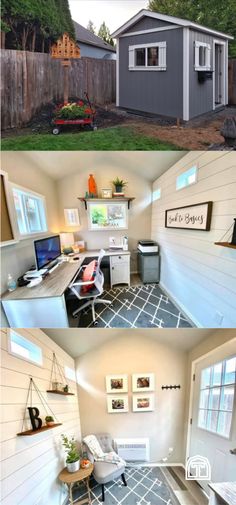 the before and after shots of this small shed makeover are shown in two different photos