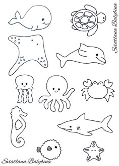 some sea animals are drawn in black and white with the words ocean babies on it