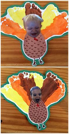 two pictures of a child's face in the shape of a turkey