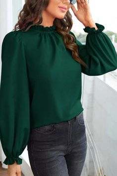 Women Tops & Blouses, Fall Outfits, Fall Women's Outfits, Fall Women's Blouses. Dark Green Blouse, Outfit Elegantes, Frilly Blouse, Simple Blouse Designs, Simple Blouse, Satin Blouses, Flounce Sleeve, Casual Tops For Women