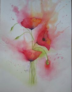 watercolor painting of three red flowers on white paper with green stems in the center