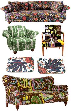 four different types of couches and chairs with floral designs on the back, from left to right