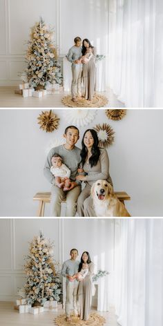 a family poses in front of their christmas tree and presents for the camera, while holding their baby