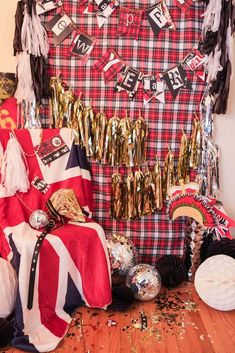 a british themed party with decorations and streamers