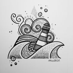 a black and white drawing of a lighthouse on top of a wave in the ocean