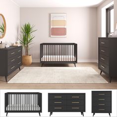 an image of a baby's room setting with furniture and decor on the floor