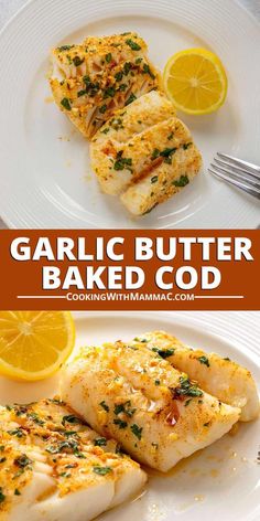 garlic butter baked fish on a white plate with lemon wedges and garnish