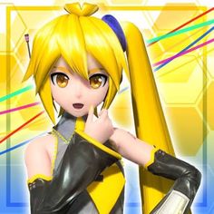 an anime character with long blonde hair and black leather gloves, holding a yellow pole