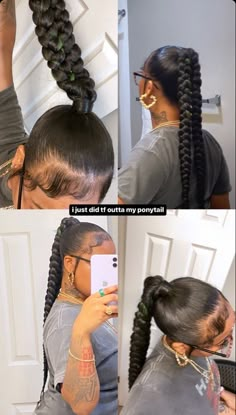 Braid Pony Tailed Hairstyle Black Women, Slick Braid Black Women, Braided Weave Ponytail For Black Women, 2 Braids In 1 Ponytail, Sleek Ponytail With 2 Braids, Braided Ponytail With Scrunchie, High Two Braided Ponytail, Slick Back Braided Ponytail Weave High, 2 Long Braided Ponytails