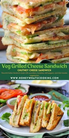 the veggie grilled cheese sandwich is stacked high on top of each other