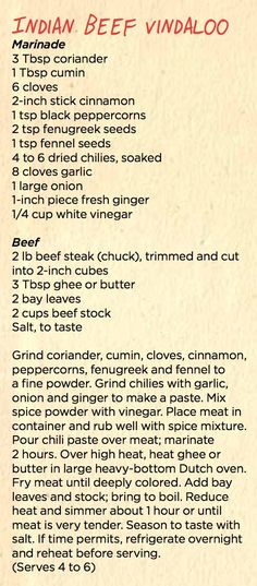 an old recipe is shown with instructions for the beef vindalloo dressings