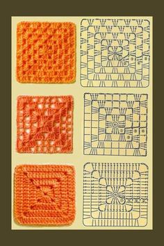 four crocheted squares are shown in three different colors, one is orange and the other is yellow