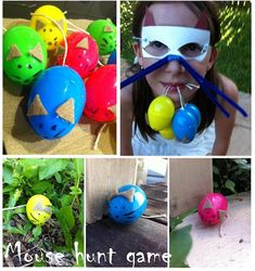 four pictures of different colored balls with faces painted on them and the words mouse hunt game