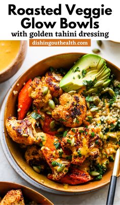 roasted veggie glow bowls with golden thai dressing and avocado on the side