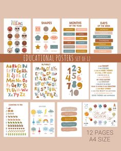 a set of 12 educational posters with numbers, letters and other things to write on them