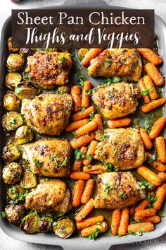 sheet pan chicken thighs and veggies in a baking dish with text overlay