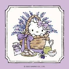 a drawing of a hello kitty sitting in a basket with flowers and teacups