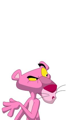 pink panther cartoon character with yellow eyes and black nose, standing in front of a white background