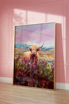 a painting of a bull in a pink room