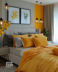 a bedroom with yellow and gray decor