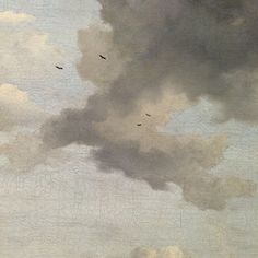 two birds flying in the cloudy sky above some trees and bushes, with one bird on the left side of the painting