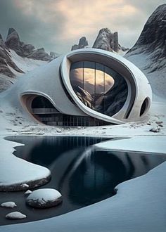 an unusual building sits in the middle of snow covered mountains