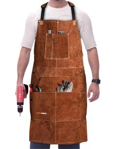 a man wearing an apron and holding a drill