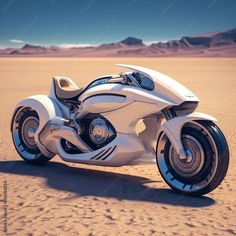 a futuristic motorcycle is parked in the desert