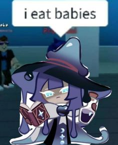 an animated image of a witch holding a book and wearing a hat with the caption i eat babies