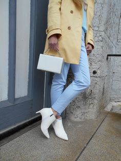 Sky Blue And Yellow Outfit, Elegant Blue Spring Boots, Chic Light Blue Straight Pants, Light Blue Pants Outfit, Yellow Coat Outfit, Single-breasted Light Blue Spring Outerwear, Light Blue Shirt Outfit, Sky Blue Cardigan, Pastel Blue Outfit