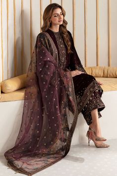 Brand: JazminProduct Code: VF-2012Collection: Jazmin Unstitched Autumn Winter Velvet CollectionFabric: Velvet DESCRIPTION: Elevate your formal wardrobe with the Embroidered Velvet Formal VF-2012. Crafted with pure velvet featuring intricate embroidery on the front and side panels, sleeves and trouser, and a digital printed organza dupatta, this outfit exudes elegance and sophistication. Perfect for any formal occasion, you'll make a lasting impression with its luxurious velvet finish and delicate embroidery details. DESIGN DETAILS Embroidered Pure Velvet Front & Side Panels Embroidered Pure Velvet Sleeves & Trouser Embroidered Pure Velvet Dupatta Border Embroidered Pure Velvet Front & Back Border Embroidered Pure Velvet Sleeves Border Digital Printed Embroidered Organza Dupatta DISCLAIMER: Pakistani Dresses Party, Velvet Dupatta, Velvet Dress Designs, Desi Outfits, Pakistani Fancy Dresses, Velvet Suit, Embroidered Velvet, Desi Clothes, Velvet Dresses