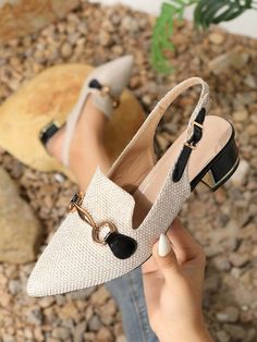 Stylish Slingback Mules Women's Shoes With Pointed Toe, Thick Heel And Metal Buckle | SHEIN USA Classy Shoes For Women, Elegant Shoes Heels Classy, Female Shoes Heels, Foot Wear For Women, Business Casual Shoes For Women, Stylish Sandals For Women, Chunky Pumps, Work Heels, Slingback Mules