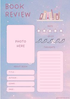 the book review page is shown in pink and blue with stars on it, as well as an image of bookshelves