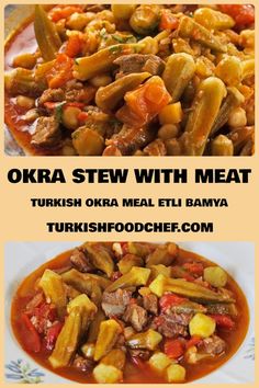 two pictures with different types of food in them and the words okra stew with meat