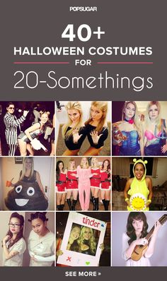 the cover of 40 + halloween costumes for 20 - somethings, featuring pictures of women in costumes