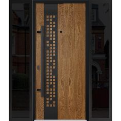 a wooden door with metal grates on it