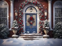 a blue front door decorated for christmas with wreaths and decorations on the steps, surrounded by snow