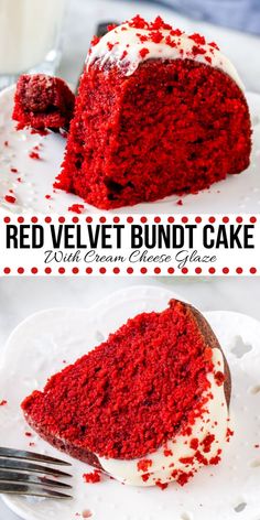 red velvet bundt cake on a white plate with a bite taken out of it