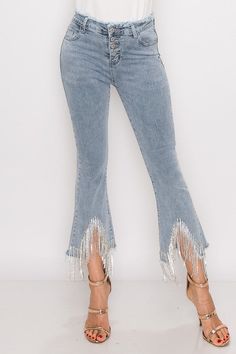 Rhinestone, Metal fringe denim pants,Beautiful, fun, sexy!!! 65% Cotton, 30%^ Polyester, 5% Spandex Wholesale Clothing Vendors, Clothing Vendors, Cow Outfits, Rhinestone Outfit, Fringe Jeans, Denim And Diamonds, Rhinestone Fringe, High Waisted Mom Jeans, Jeans Diy