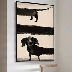 a black and white painting with a dog on it