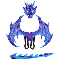 a blue dragon headdress with wings and tail attached to it's back