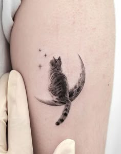 a cat sitting on top of the moon with stars around it's back leg