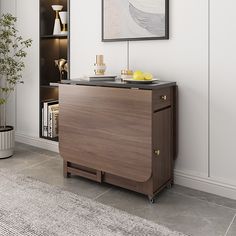 a living room with an entertainment center and potted plant on the side table in front of it