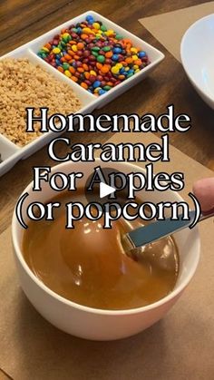 homemade caramel for apples or popcorn in a white bowl on a wooden table with bowls of cereal