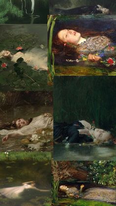 four different paintings of people laying on the ground next to each other in grass and water