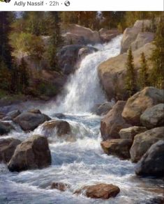 a painting of a waterfall surrounded by rocks and trees