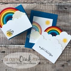 two cards with rainbows and clouds on them, one has a card that says the craft quink pen