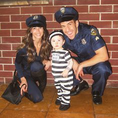 family halloween costume police officers and prisoner Halloween For Family Of 3, Family Halloween Costumes Cold Weather, Family Of 3 Superhero Costumes, Cute Halloween Costumes For Family Of 3, Police Family Costume Ideas, Family Halloween Costumes For 3 People, Family Of 3 Halloween Costumes Newborn, Cute Family Of 3 Costumes, Cops And Robbers Family Costume