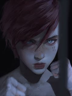 a woman with red hair and blue eyes is looking through the bars in an animated video game