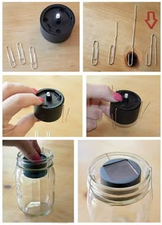 the instructions for making a mason jar with clothes pins and magnets in it are shown